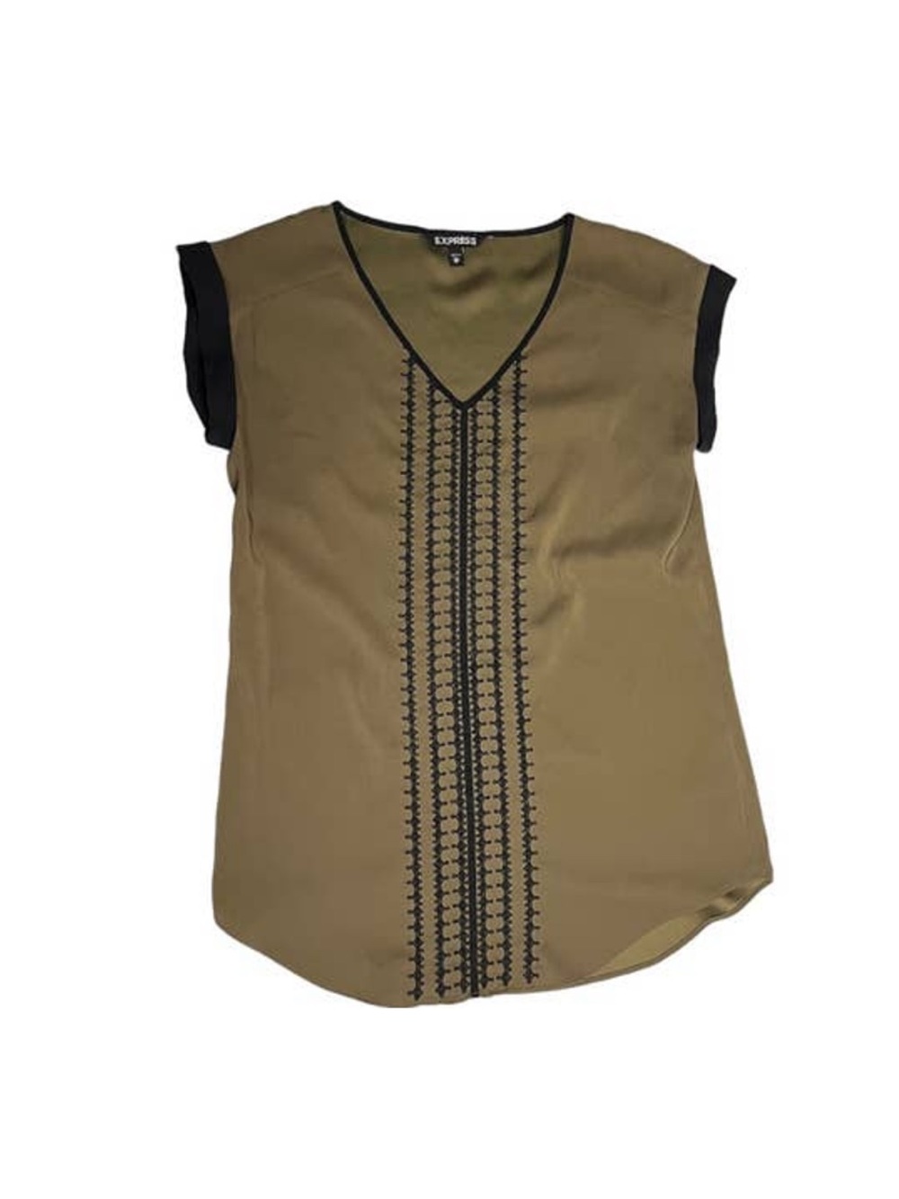 Express Olive V-Neck Blouse with Black Trim and Center Embroidery